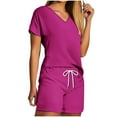 thumbnail image 1 of 2 Piece Outfits for Women Short Sleeve V-Neck Blouses & Shirts Sets 2PC Women's V Neck Shorts Sleeve Two-piece Comfortable Home Pajamas Set Sports Set Summer Outfit Women Pink1 s, 1 of 5