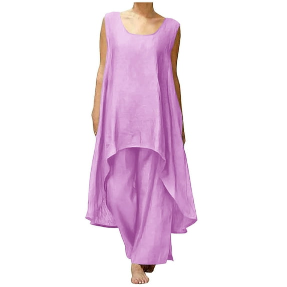 2 Piece Sets for Women Summer 2 Piece Sets for Women Clothing Set Female Round Neck Sleeveless Tops Pants Sets Full Pant Style S_406 Women's Tracksuits Purple 3XL