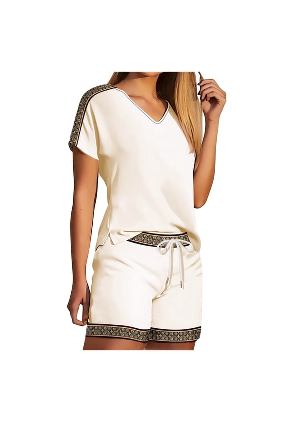 2 Piece Spring Sets for Women Short Sleeve V-Neck Blouses & Shirts Sets 2PC Women's V Neck Shorts Sleeve Two-piece Comfortable Home Pajamas Set Sports Set Summer 2 Piece Sets White xl