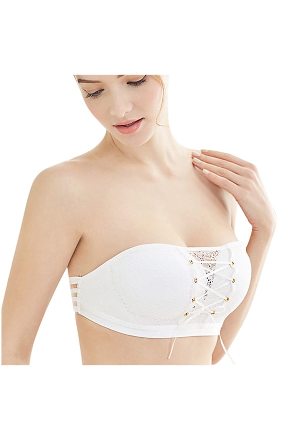 Athletic Sports Bra Women Pullover Bra Everyday Underwear Strapless Lace Drawstring Bandeau V-Neck Padded Bra Feature Hook and Eye Closure Molded Bra Style Y-318 , White 80D