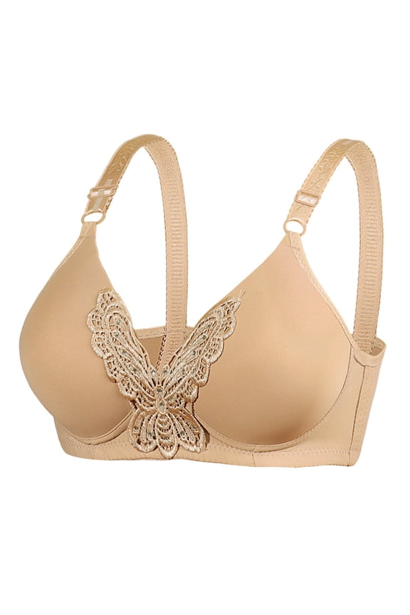 Bras for Elderly Women Solid Color Comfortable Hollow Out Sports Bra Underwear No Underwire V-Neck Lightly Lined Bra Feature Hook and Eye Closure Padded Bra Style Y-408 , Beige S