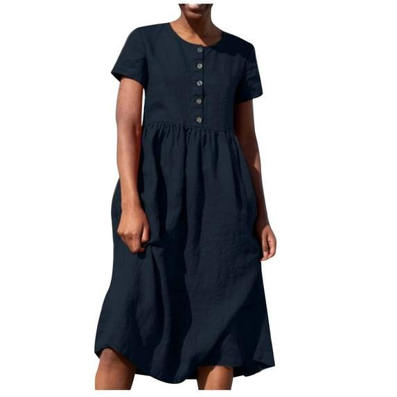 Cocktail Dresses for Women 2024 Summer Elegant Color Button Loose Cotton Linen Dress Big & Tall Size Polyester Fabric Dressy Embellished Dress Style-628 Dark Blue 3XL