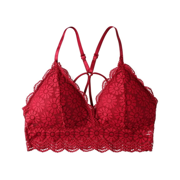 Comfortable Bras for Women Ladies Fashion Comfortable No Underwire Lace Floral Bra Underwear V-Neck No Underwire Bra Feature Hook and Eye Closure Longline Bra Style Y-604 , Red One Size