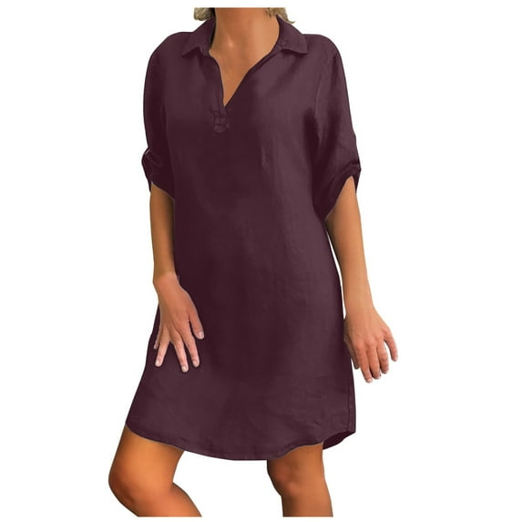 Floral Dresses for Women 2024 Fashion Casual Loose Solid Color V-Neck 3/4 Sleeve Dress Sundress Regular Size Polyester Fabric Prom T-Shirt Dress Style-459 Purple m