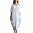 thumbnail image 1 of Flowy Dresses for Women Solid Medium Long Pocket Cotton Linen Round Neck Dress Women's Plus Size Polyester Fabric Beach Boho Dress Style-105 White 3XL, 1 of 6