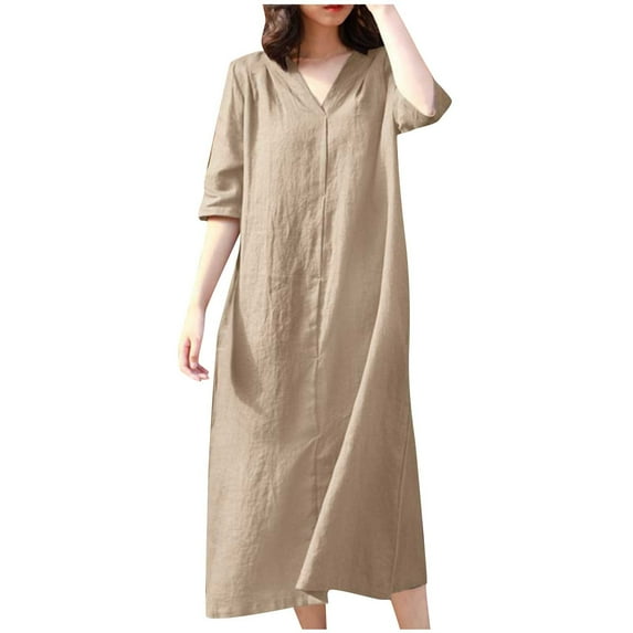 Graduation Dresses for Women 2024 Casual Dress V-Neck 3/4 Long Sleeve Solid Color Loose Cotton Dresses Big & Tall Size Polyester Fabric Night Out Wedding Guest Dress Style-510 Khaki s