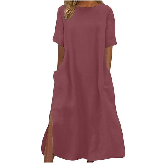 Homecoming Dresses for Teens Women Casual Loose Round Neck Short Sleeve Slitted Long Dresses Plus Size Polyester Fabric Dressy Midi Dress Style-175 Wine s