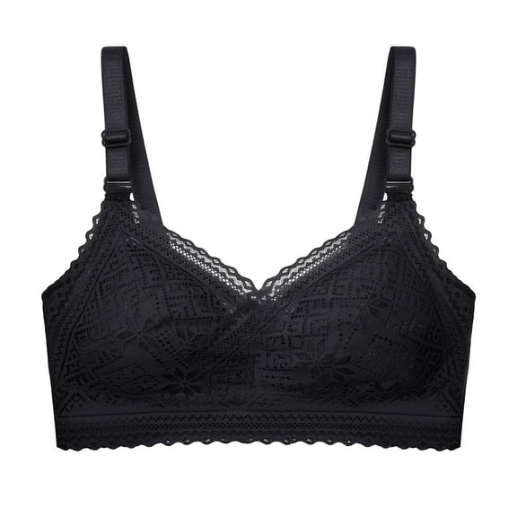 No Wire Bras for Women Ladies Comfortable Breathable No Underwire Lace Small Bra Woman Underwear V-Neck Lightly Lined Bra Feature Hook and Eye Closure Padded Bra Style Y-598 , Black L