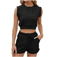 thumbnail image 1 of Outfit Sets for Women Sleeveless Round-Neck Blouses & Shirts Sets Women's Summer Solid Lace V-neck Bubble Short Sleeve Solid T-shirt Tops Women Spring Outfit Black xl, 1 of 5