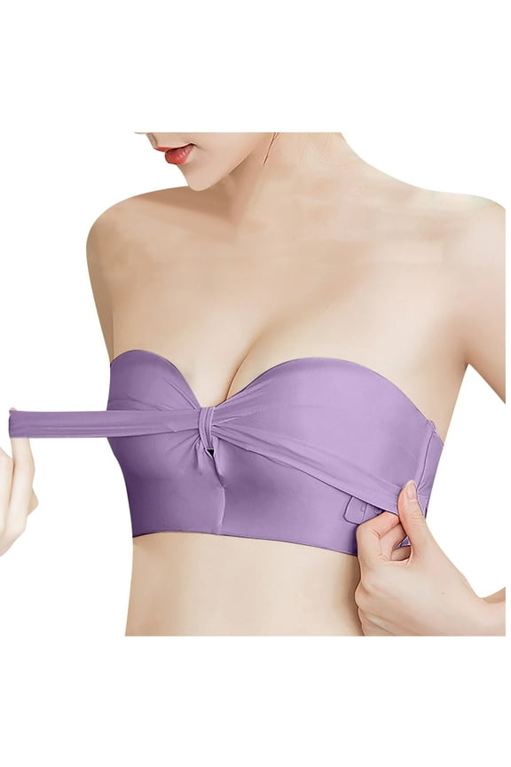 Push-Up T-Shirt Bra Women Removable Shoulder Everyday Strapless Drawstring Bandeau Underwear Bras V-Neck Convertible Bra Feature Hook and Eye Closure Push-up Bra Style Y-322 , Purple 85C