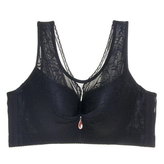 Sports Bralettes for Women Yoga Sports Front Closure Extra-Elastic Breathable Lace Trim Bra Underwear V-Neck No Underwire Bra Feature Hook and Eye Closure Training Bra Style Y-329 , Black M