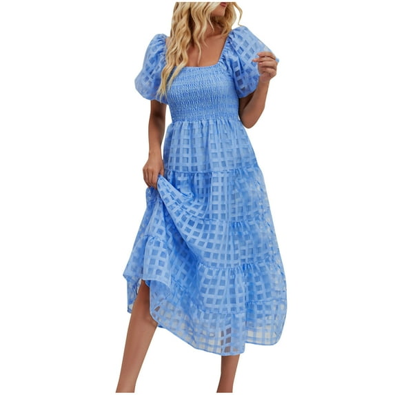 Spring Dresses for Women 2024 Off the Shoulder Bubble Short Sleeve Pleated High Waist Dress Polyester Midi Dress Style L-317 Plus Size Spring Dresses Blue XL