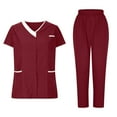 thumbnail image 1 of Summer Outfits for Women 2024 Short Sleeve V-Neck Blouses & Shirts Sets Nurses Sets Tunic Uniform Clinic Carer V-Neck Protective Clothing Tops and Pants Set Summer Outfits Women Wine 3xl, 1 of 8