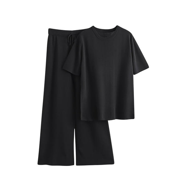 Summer Sets Women 2 Piece Outfits Women Summer Outfit Clothing Set Female Round Neck Short Sleeve Tops Pants Sets Casual Pant Style S_354 Women's Tracksuits Black One Size