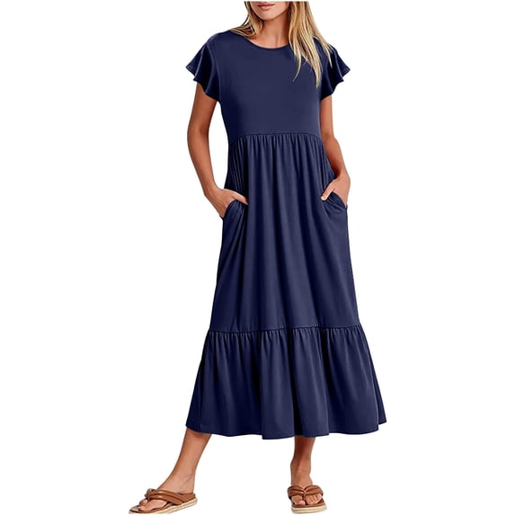 Sundresses for Women Summer Casual Short Sleeve Crewneck Dress Casual Flowy Tiered Maxi Beach Dress with Pockets Polyester Vacation Dress Style L-194 Wedding Dresses Navy M