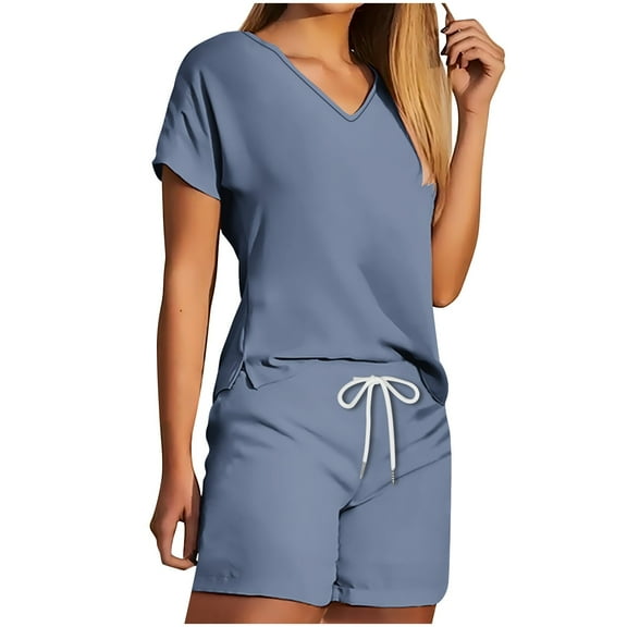 Travel Outfits for Women 2 Piece Sets Short Sleeve V-Neck Blouses & Shirts Sets 2PC V Neck Shorts Sleeve Two-piece Comfortable Home Pajamas Set Sports Set 2 Piece Wide Leg Pants Set Blue xl
