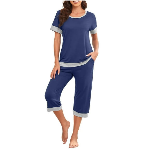 Two Piece Linen Sets for Women Short Sleeve Round-Neck Blouses & Shirts Sets Women's Casual Loose Solid Round Neck Short Sleeve Capris Home Set Pajamas and Pajamas 2 Piece Outfits Blue m