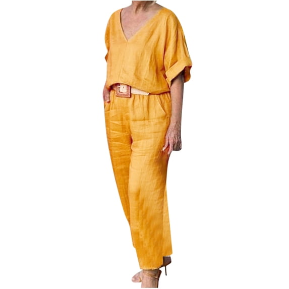 Mallwal Two Piece Linen Sets for Women Summer Casual Outfits for Women Clothing Set Female Long Sleeve Blazer Notched Lapel Business Suit Sets Long Pant Style S_732 Women's Tracksuits Yellow XL