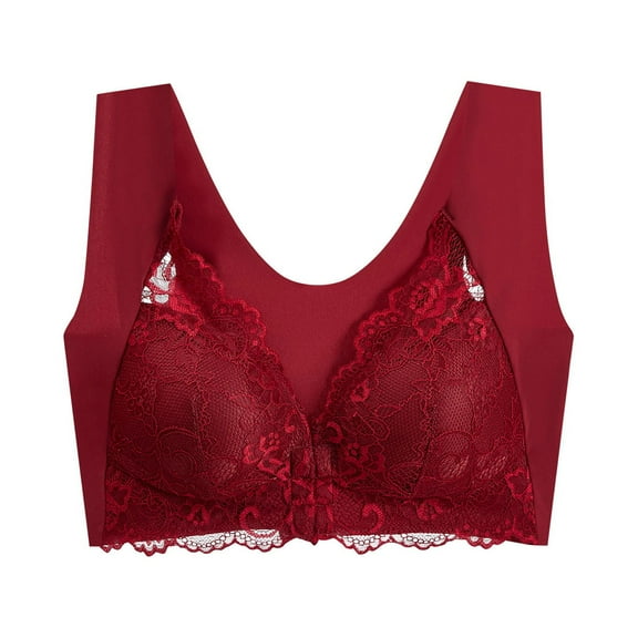 Wireless Bras Women Ladies Fashion Comfortable Breathable No Underwire Lace Front Buckle Bra Underwear V-Neck No Underwire Bra Feature Hook and Eye Closure Sport Bra Style Y-607 , Red 5XL