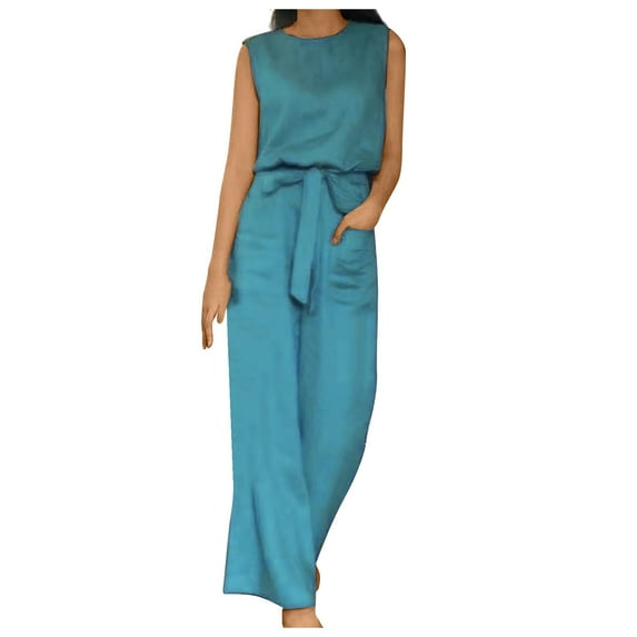 Mallwal Women Spring Outfit Matching Sets Summer Clothing Set Female Round Neck Sleeveless Tops Pants Sets Cargo Pant Style S_978 Women's Tracksuits Blue M