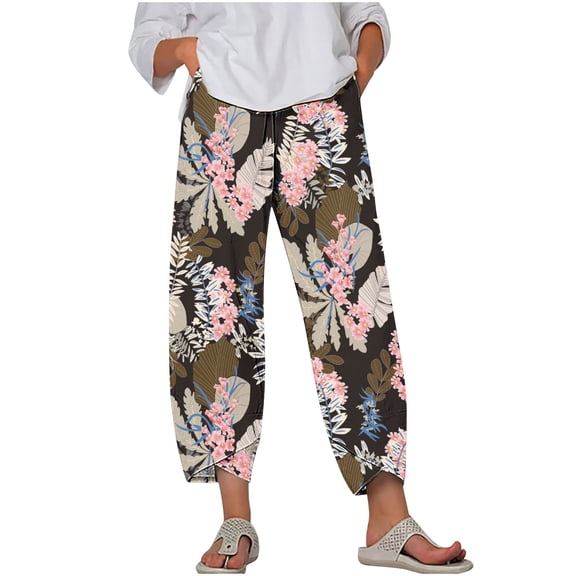 Mallwal Womens Athletic Capris Women's Summer Comfortable Print Cropped Pants Female Capris Casual, Style 306, Women's Plus Wide-Leg Pant Leg Cut, Brown