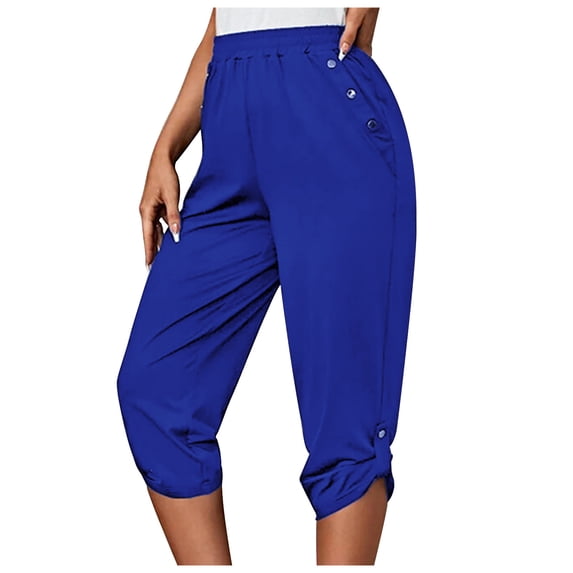 Womens Capris for Summer High Waisted Cropped Pants Button Straight Leg Pant Cut Female Polyester Casual Loose Capris Pants with Pockets Blue l