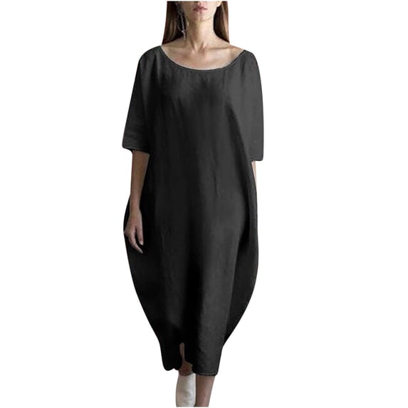 Womens Maxi Dresses for Spring Solid Medium Long Pocket Cotton Linen Round Neck Dress Big & Tall Size Polyester Fabric Wear-to-Work Prom Dress Style-105 Black 5XL
