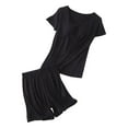 thumbnail image 1 of Womens Pajama Shorts Sets Built in Bra Padded Crew Neck Short Sleeve Tops Elastic Waist Shorts 2 Piece Summer Outfits Sleepwear Matching Sets H-Black, 1 of 9