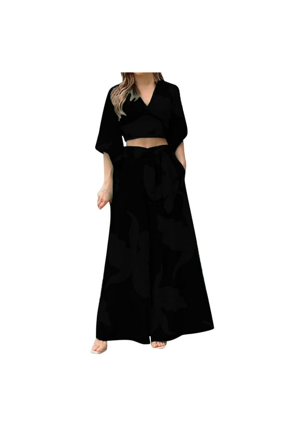 Womens Sets 2 Piece Outfits Summer Womens Suits 2 Piece Set Clothing Set Female V-Neck Short Sleeve Tops Pants Sets Trousers Pant Style S_535 Women's Tracksuits Black M