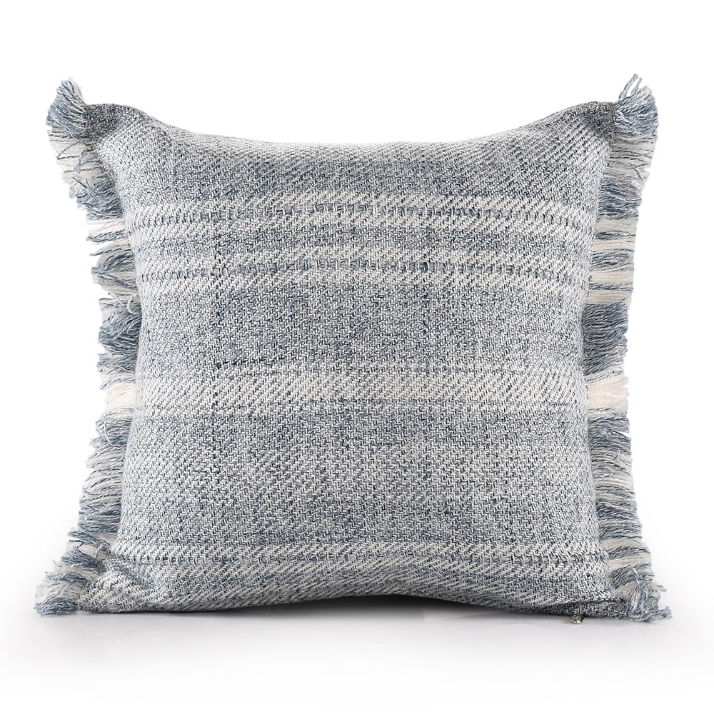 Denver Hand-Woven Denim Blue Fringed Square Throw Pillow Set