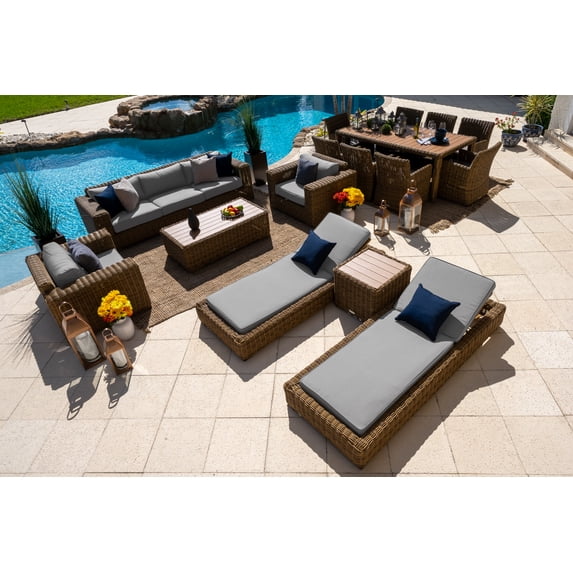 Malmo 16-Piece Resin Wicker Outdoor Patio Furniture Combination Set In Natural w/ Sofa Set, Eight-seat Dining Set, and Chaise Lounge Set (Full-Round Natural Wicker, Polyester Light Gray)