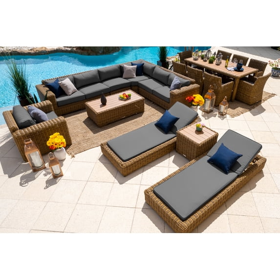Malmo 18-Piece Resin Wicker Outdoor Patio Furniture Combination Set in Natural W/ Sectional Set, Eight-Seat Dining Set, and Chaise Lounge Set (Full-Round Natural Wicker, Sunbrella Canvas Charcoal)