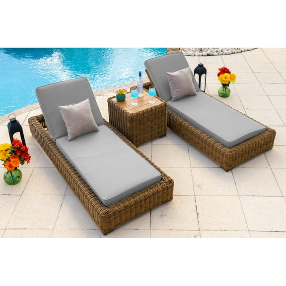 Malmo 3-Piece Resin Wicker Outdoor Patio Furniture Chaise Lounge Set In Natural w/ Two Chaise Lounge Chairs and Side Table (Full-Round Natural Wicker, Polyester Light Gray)