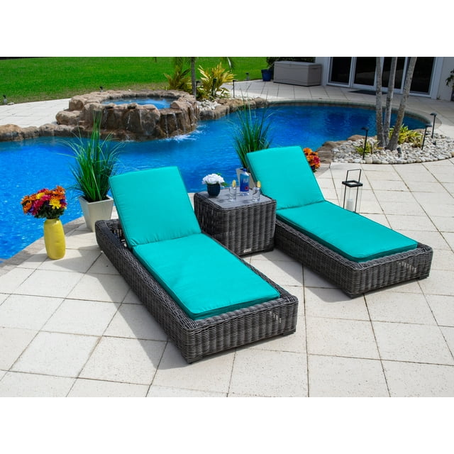 Malmo 3-Piece Resin Wicker Outdoor Patio Furniture Set Two Chaise Lounge Chairs and Side Table (Full-Round Gray Wicker, Sunbrella Canvas Aruba)