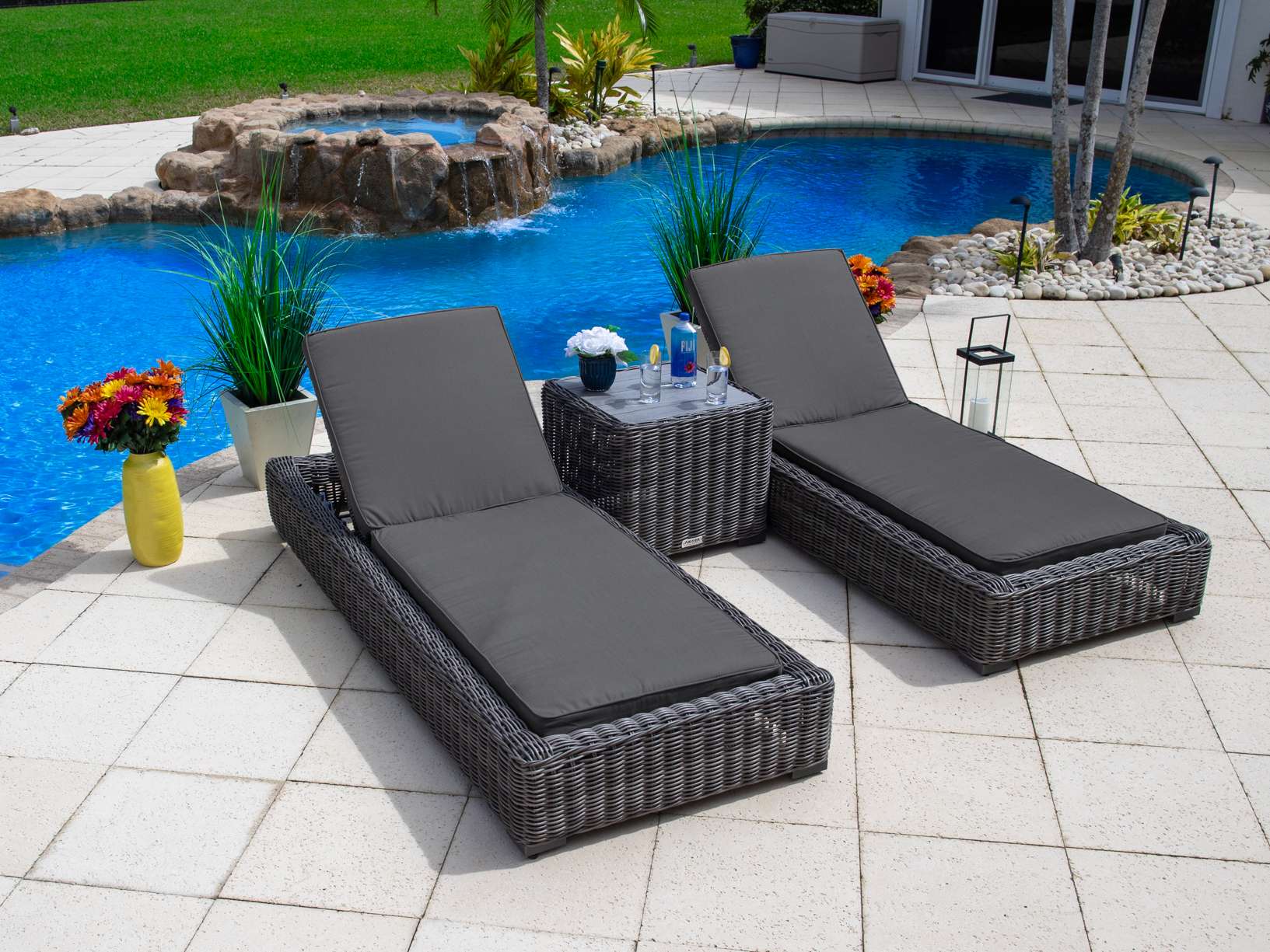 Malmo 3-Piece Resin Wicker Outdoor Patio Furniture Set Two Chaise Lounge Chairs and Side Table (Full-Round Gray Wicker, Sunbrella Canvas Charcoal) - image 1 of 1