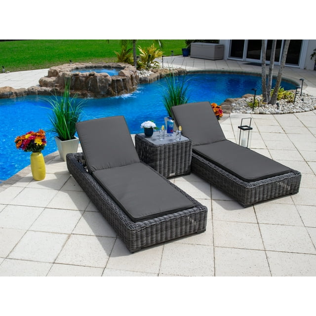 Malmo 3-Piece Resin Wicker Outdoor Patio Furniture Set Two Chaise Lounge Chairs and Side Table (Full-Round Gray Wicker, Sunbrella Canvas Charcoal)