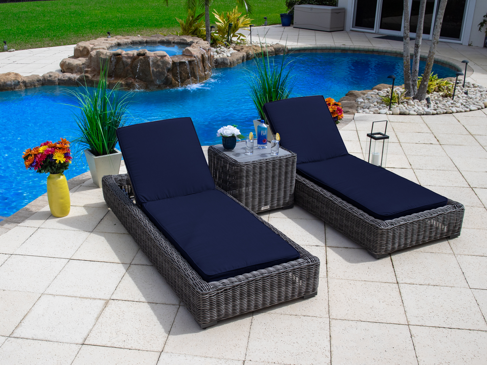 Malmo 3-Piece Resin Wicker Outdoor Patio Furniture Set Two Chaise Lounge Chairs and Side Table (Full-Round Gray Wicker, Sunbrella Canvas Navy) - image 1 of 1