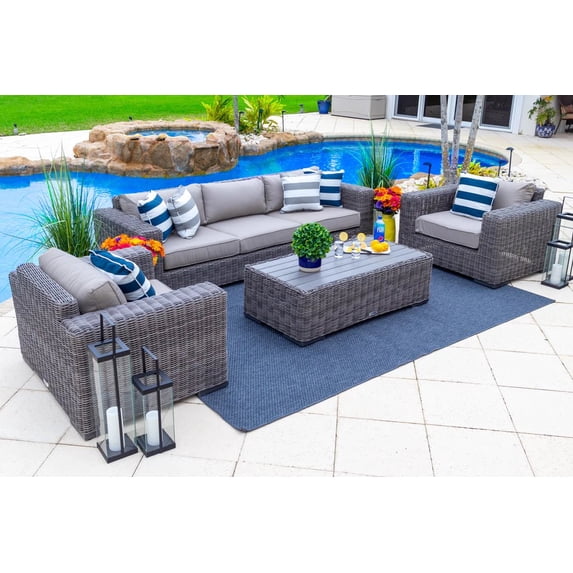 Malmo 4-Piece Resin Wicker Outdoor Furniture Conversation Sofa Set, Two Armchairs, and Coffee Table (Full-Round Gray Wicker, Polyester Light Gray)