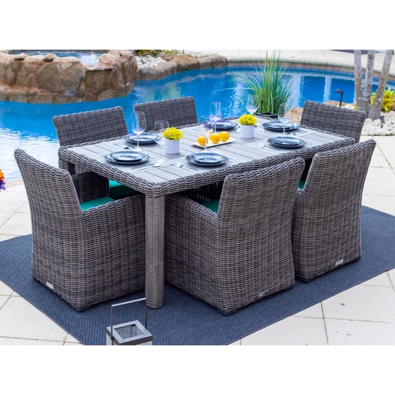 Malmo 7-Piece Resin Wicker Outdoor Patio Furniture Dining Table Set In Gray w/ Dining Table and Six Cushioned Chairs (Full-Round Gray Wicker, Sunbrella Canvas Aruba)