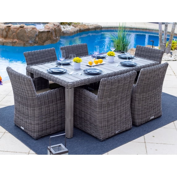 Malmo 7-Piece Resin Wicker Outdoor Patio Furniture Dining Table Set In Gray w/ Dining Table and Six Cushioned Chairs (Full-Round Gray Wicker, Sunbrella Canvas Taupe)