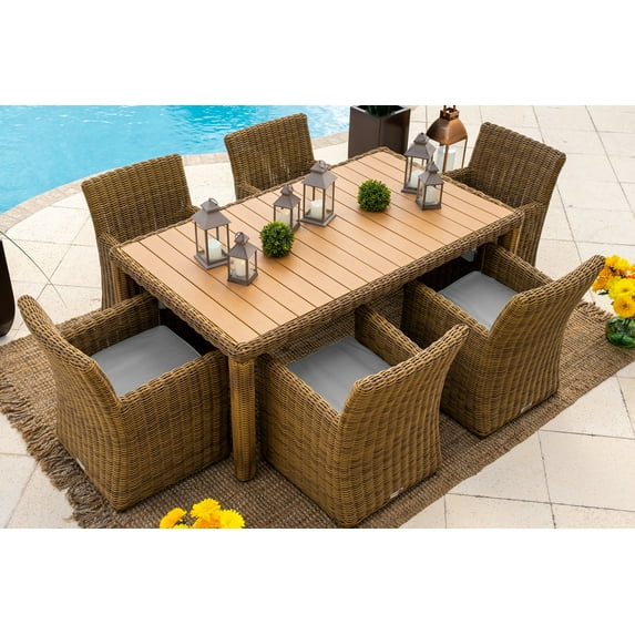 Malmo 7-Piece Resin Wicker Outdoor Patio Furniture Dining Table Set In Natural w/ Dining Table and Six Cushioned Chairs (Full-Round Natural Wicker, Polyester Light Gray)