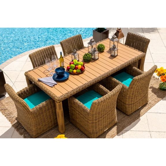 Malmo 7-Piece Resin Wicker Outdoor Patio Furniture Dining Table Set In Natural w/ Dining Table and Six Cushioned Chairs (Full-Round Natural Wicker, Sunbrella Canvas Aruba)