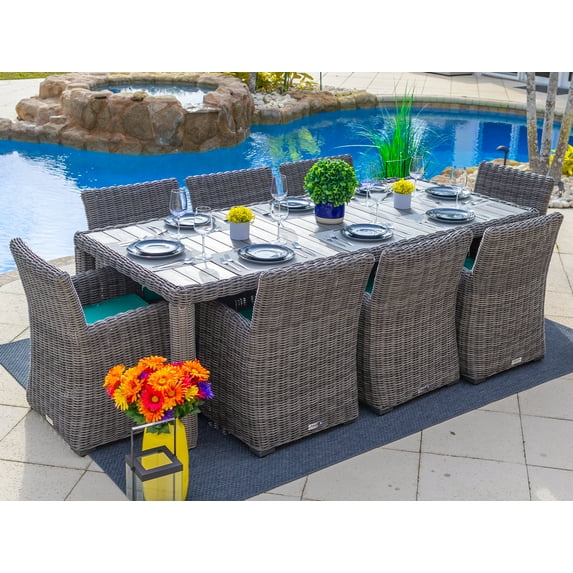 Malmo 9-Piece Resin Wicker Outdoor Patio Furniture Dining Table Set in Gray w/Dining Table and Eight Chairs (Full-Round Gray Wicker, Sunbrella Canvas Aruba)