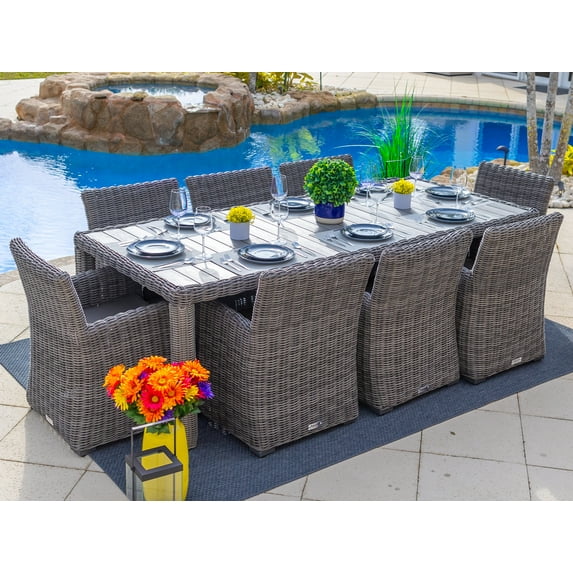 Malmo 9-Piece Resin Wicker Outdoor Patio Furniture Dining Table Set in Gray w/Dining Table and Eight Chairs (Full-Round Gray Wicker, Sunbrella Canvas Charcoal)