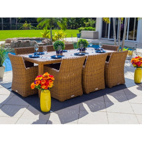 Malmo 9-Piece Resin Wicker Outdoor Patio Furniture Dining Table Set In Natural w/ Dining Table and Eight Chairs (Full-Round Natural Wicker, Sunbrella Canvas Navy)
