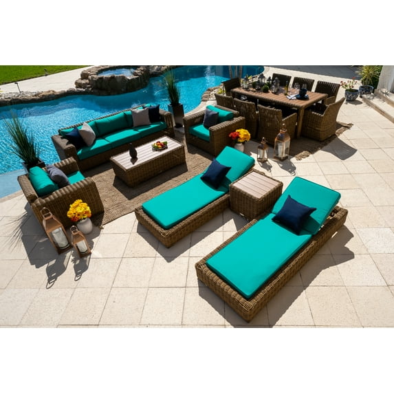 Malmo Combination Furniture for Outdoor – Wicker Patio Furniture Set with Sofa Set, Eight-Seat Dining Set, and Chaise Lounge Set (16-Piece, Full-Round Natural Wicker, Sunbrella Canvas Aruba)