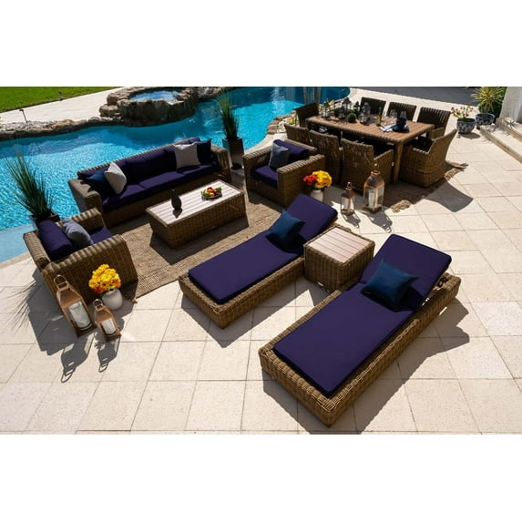 Malmo Combination Furniture for Outdoor – Wicker Patio Furniture Set with Sofa Set, Eight-seat Dining Set, and Chaise Lounge Set (16-Piece, Full-Round Natural Wicker, Sunbrella Canvas Navy)