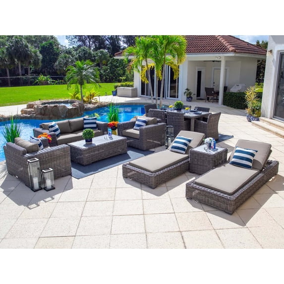 Malmo Combination Furniture for Outdoor – Wicker Patio Furniture Set with Loveseat Set, Six-Seat Dining Set, and Chaise Lounge Set (14-Piece, Full-Round Gray Wicker, Sunbrella Canvas Taupe)