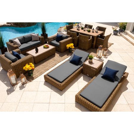 Malmo Combination Furniture for Outdoor – Wicker Patio Furniture Set with Loveseat Set, Six-seat Dining Set, Chaise Lounge Set (14-Piece, Full-Round Natural Wicker, Sunbrella Canvas Charcoal)