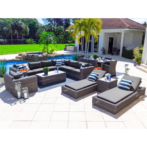 Malmo Combination Furniture for Outdoor – Wicker Patio Furniture Set with Sectional Set, Six-seat Dining Set, and Chaise Lounge Set (16-Piece, Full-Round Gray Wicker, Sunbrella Canvas Charcoal)